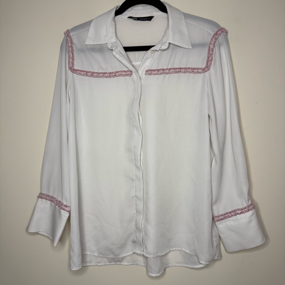 ZARA Chanel Barbiecore Tweed Piping Gold Buttons Sheer Office Buttondown Shirt